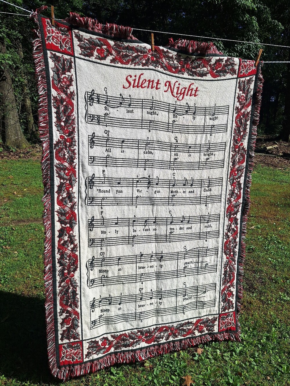 Vtg Silent Night Tapestry Throw Blanket Fringe Christmas Holiday 70 X 47 Inch
